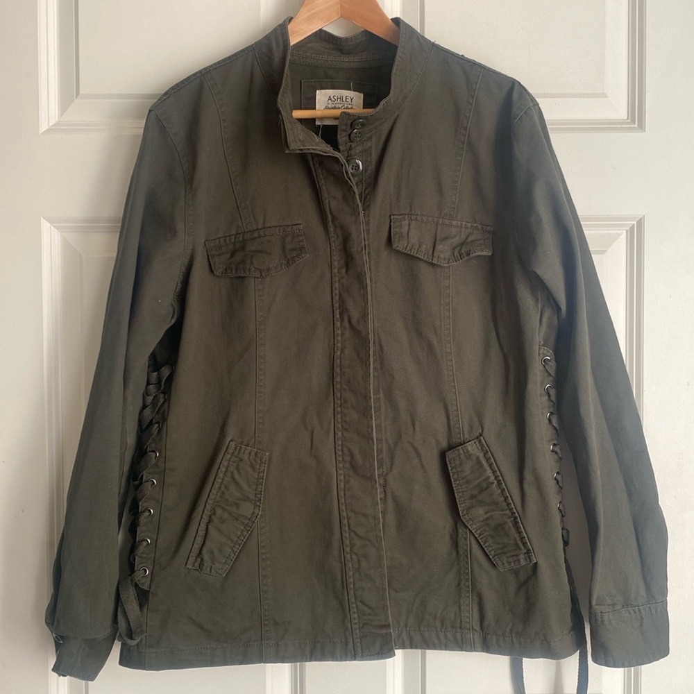 Ashley by 26 International 100% Cotton Lace Up Jacket Size XL Olive Green Grunge